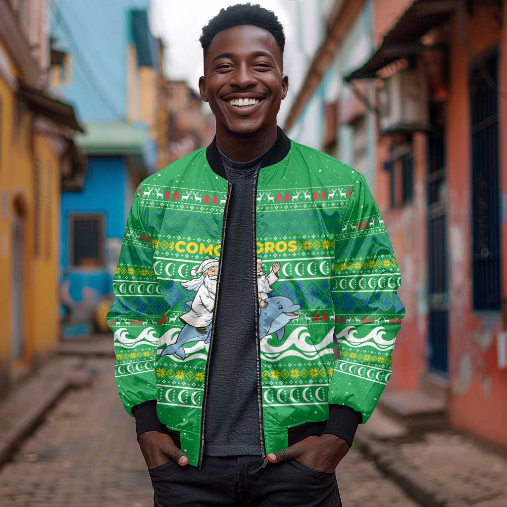 Comoros Christmas Bomber Jacket Santa Riding Dolphin Ocean Waves Crescent Moon - African Pride