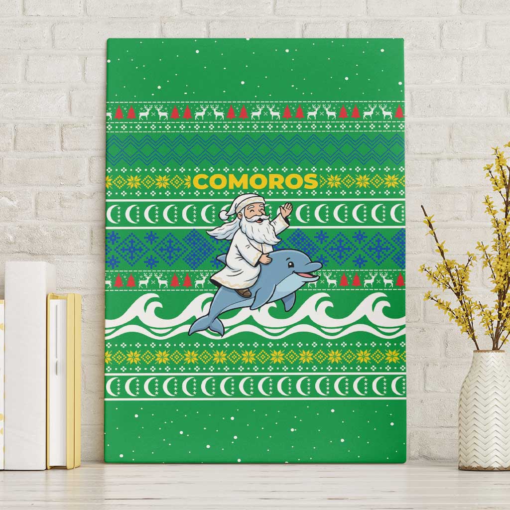 Comoros Christmas Canvas Wall Art Santa Riding Dolphin Ocean Waves Crescent Moon - African Pride