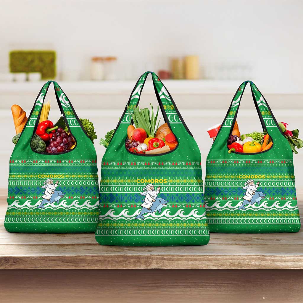 Comoros Christmas Grocery Bag Santa Riding Dolphin Ocean Waves Crescent Moon - African Pride