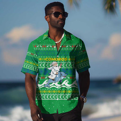 Comoros Christmas Hawaiian Shirt Santa Riding Dolphin Ocean Waves Crescent Moon - African Pride
