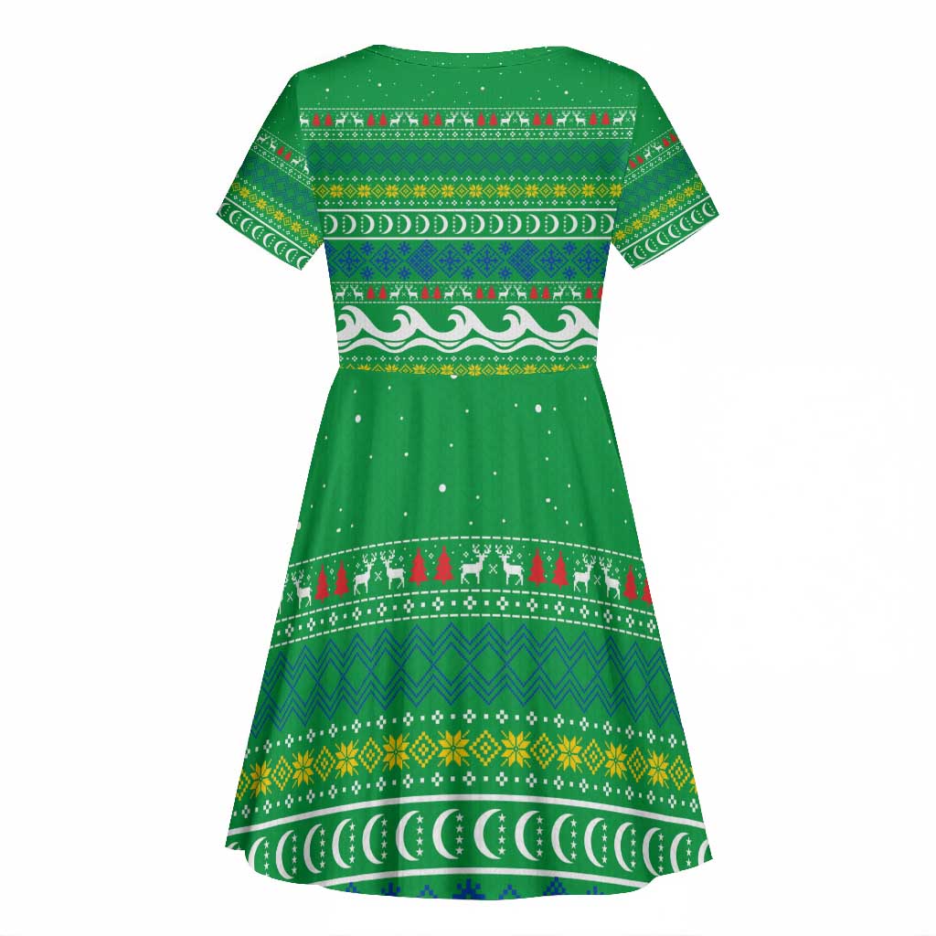 Comoros Christmas Kid Short Sleeve Dress Santa Riding Dolphin Ocean Waves Crescent Moon - African Pride