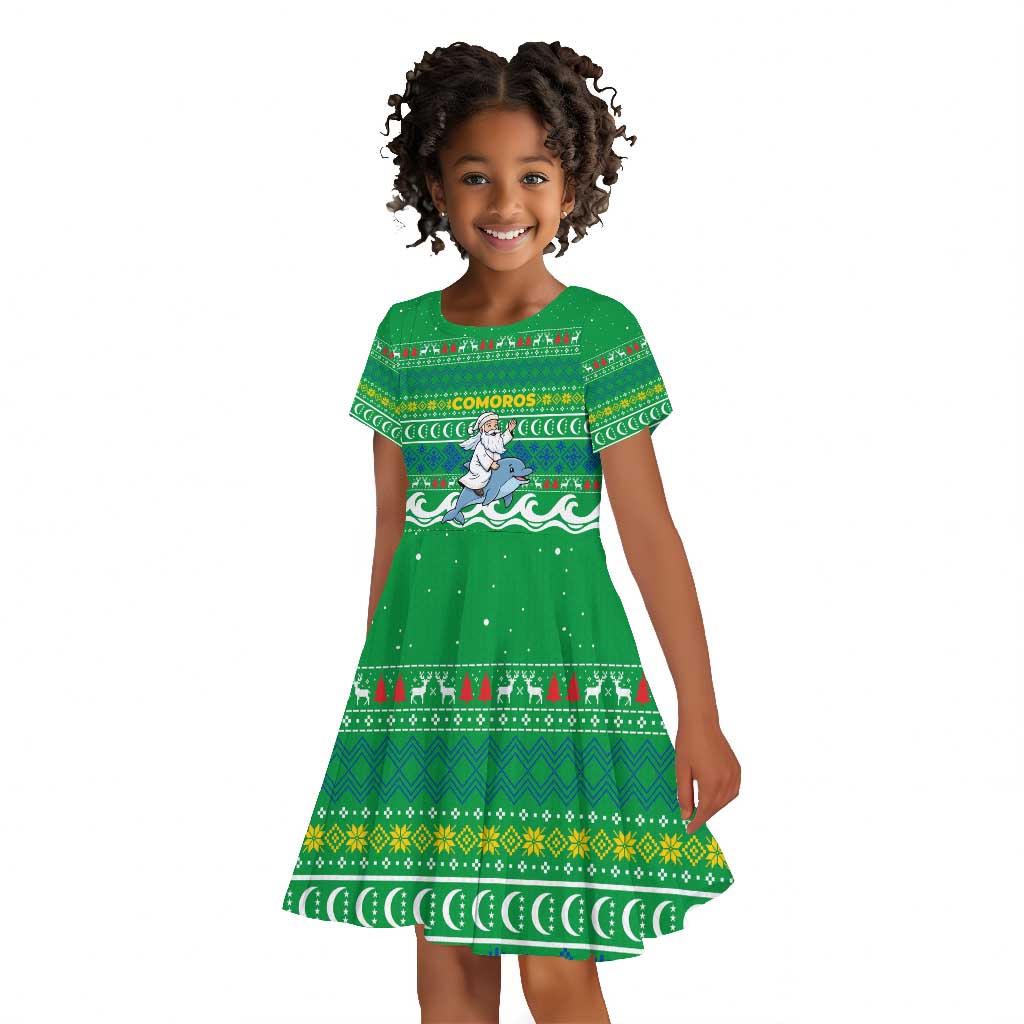 Comoros Christmas Kid Short Sleeve Dress Santa Riding Dolphin Ocean Waves Crescent Moon - African Pride