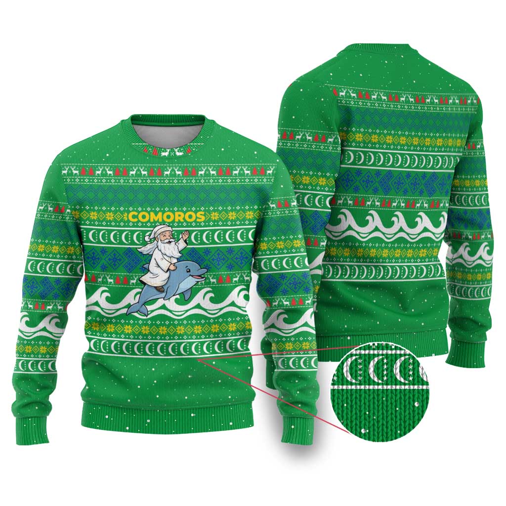 Comoros Christmas Ugly Christmas Sweater Santa Riding Dolphin Ocean Waves Crescent Moon - African Pride
