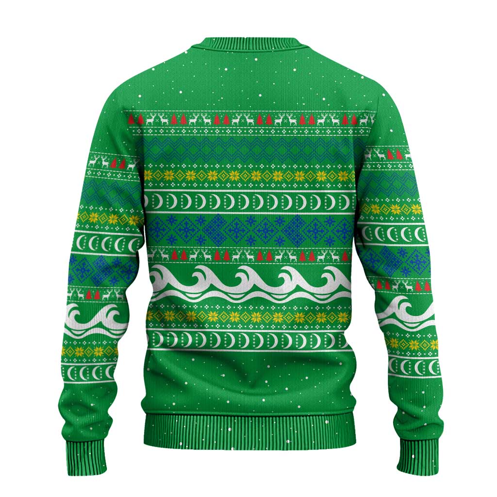Comoros Christmas Ugly Christmas Sweater Santa Riding Dolphin Ocean Waves Crescent Moon - African Pride
