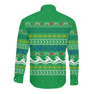 Comoros Christmas Long Sleeve Button Shirt Santa Riding Dolphin Ocean Waves Crescent Moon - African Pride