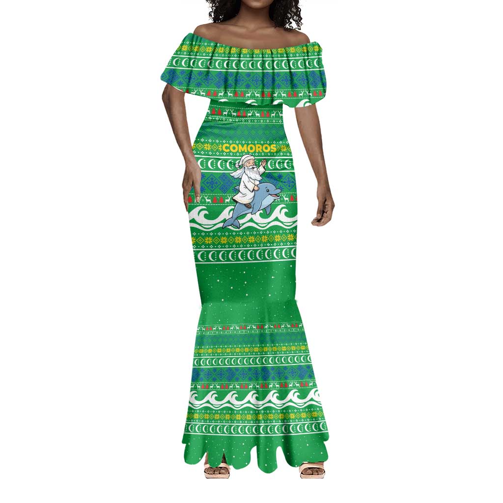 Comoros Christmas Mermaid Dress Santa Riding Dolphin Ocean Waves Crescent Moon - African Pride