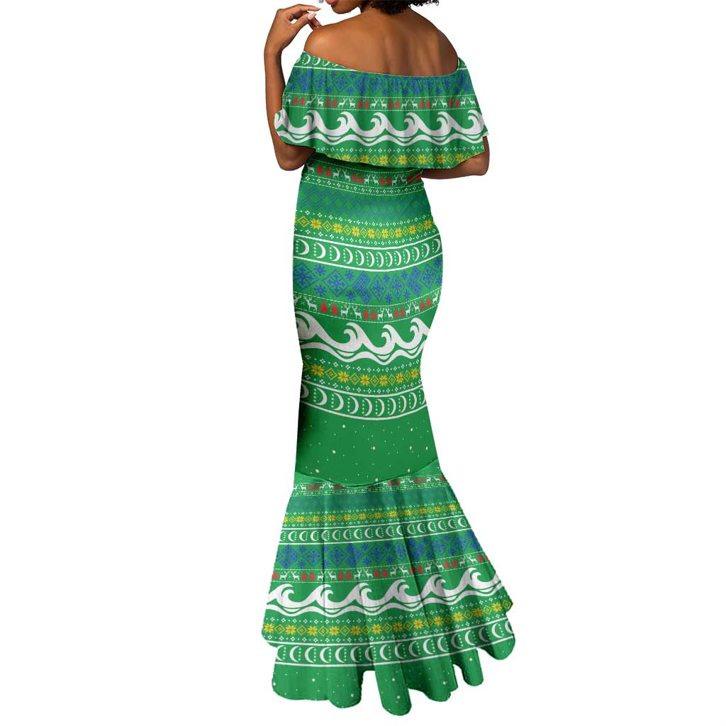 Comoros Christmas Mermaid Dress Santa Riding Dolphin Ocean Waves Crescent Moon - African Pride