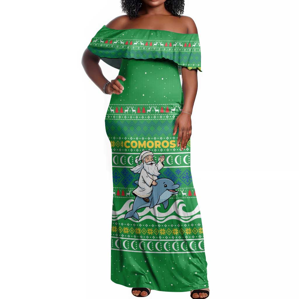 Comoros Christmas Off Shoulder Maxi Dress Santa Riding Dolphin Ocean Waves Crescent Moon - African Pride
