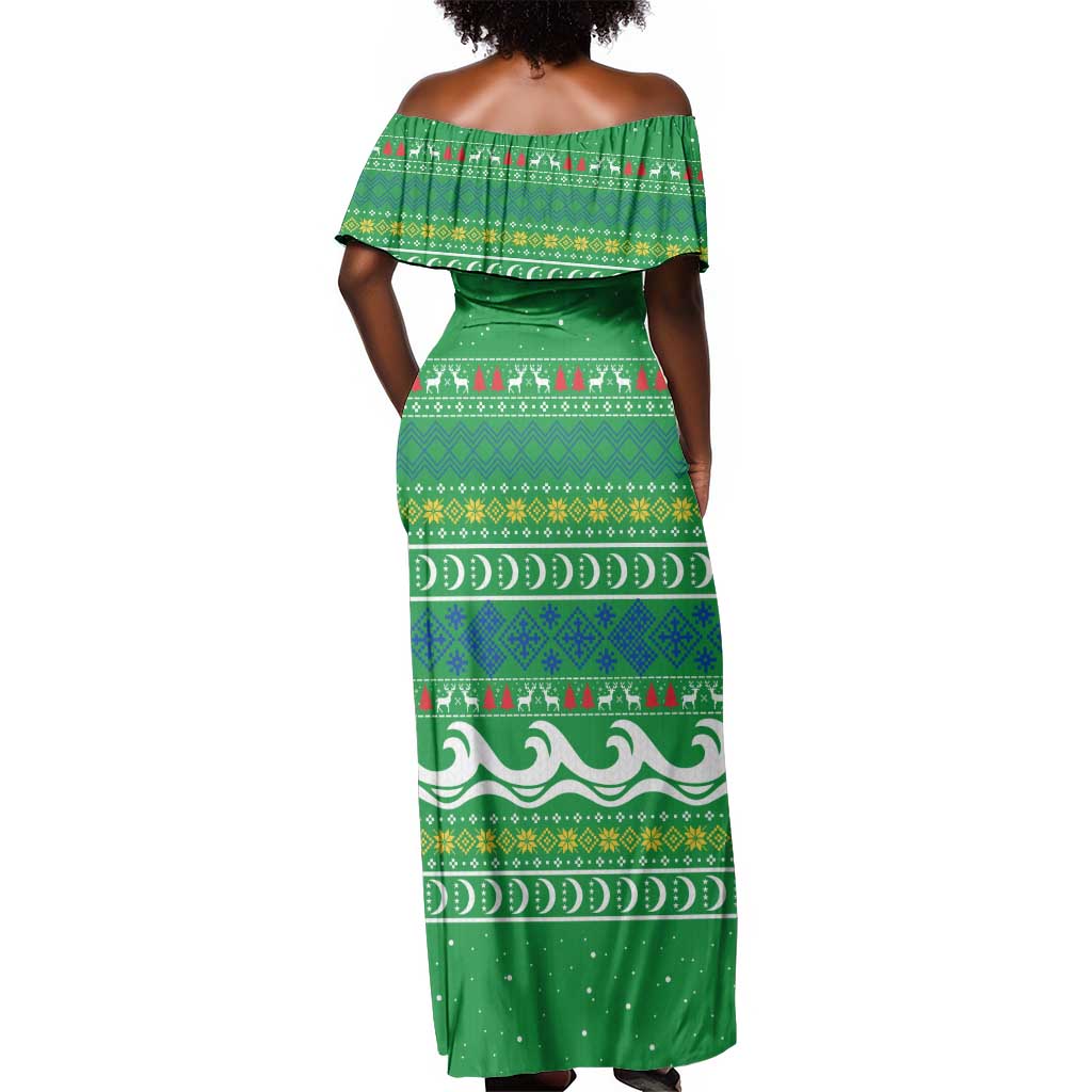 Comoros Christmas Off Shoulder Maxi Dress Santa Riding Dolphin Ocean Waves Crescent Moon - African Pride