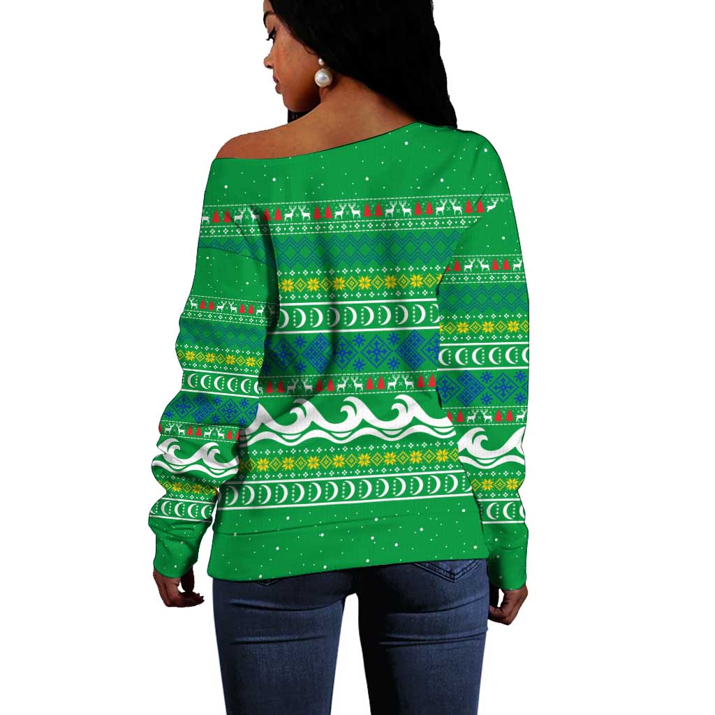 Comoros Christmas Off Shoulder Sweater Santa Riding Dolphin Ocean Waves Crescent Moon - African Pride