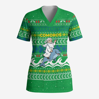 Comoros Christmas Scrub Top Santa Riding Dolphin Ocean Waves Crescent Moon - African Pride