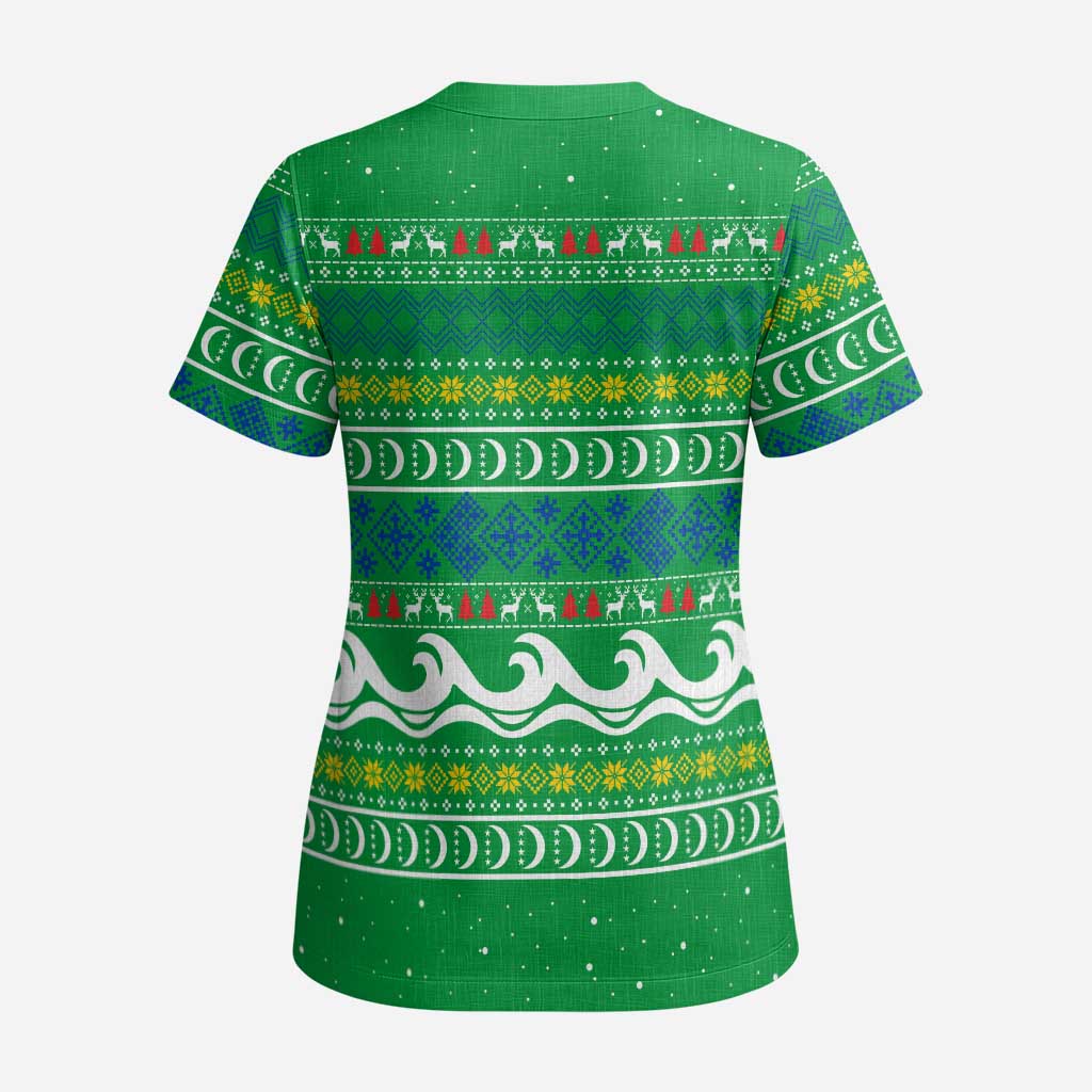 Comoros Christmas Scrub Top Santa Riding Dolphin Ocean Waves Crescent Moon - African Pride