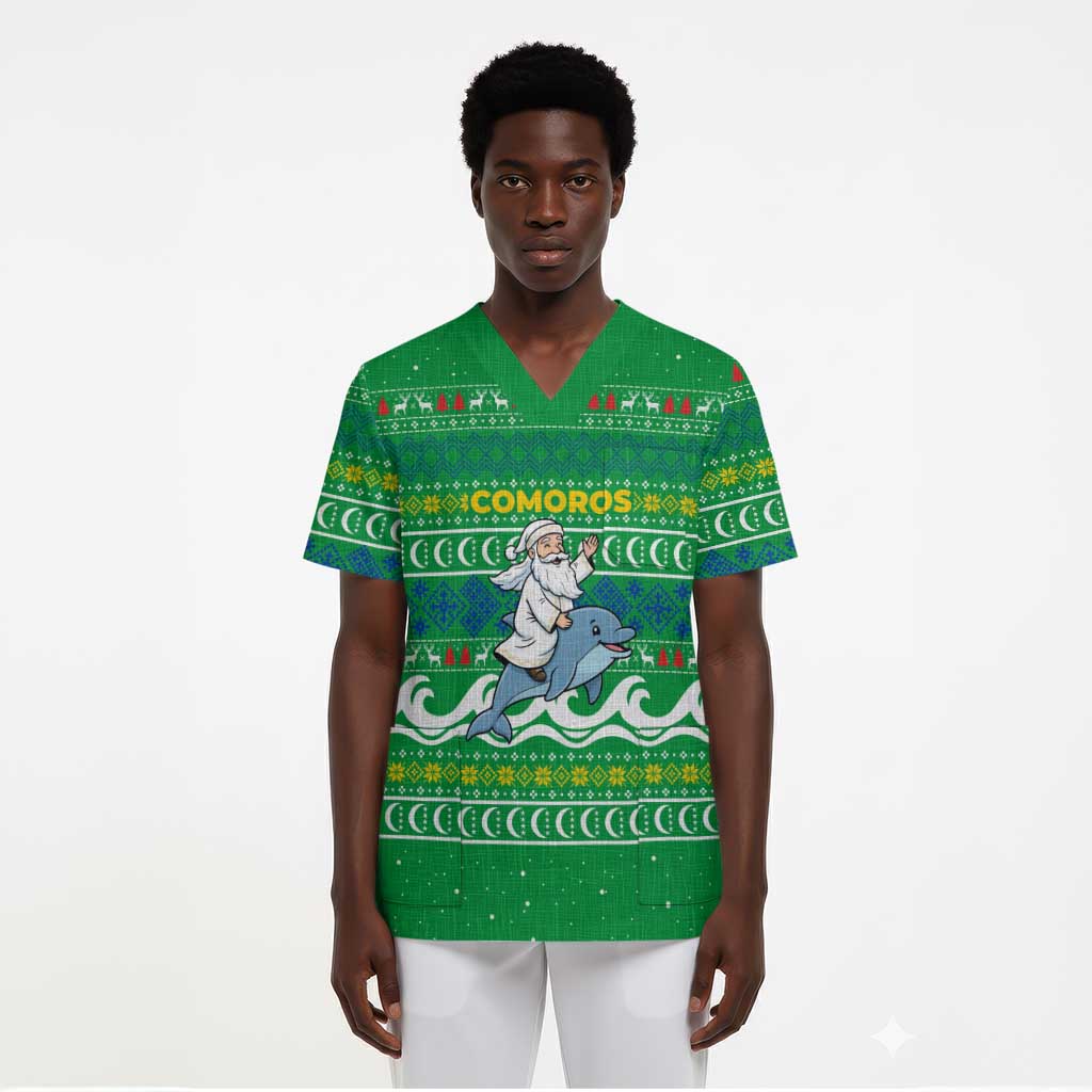 Comoros Christmas Scrub Top Santa Riding Dolphin Ocean Waves Crescent Moon - African Pride