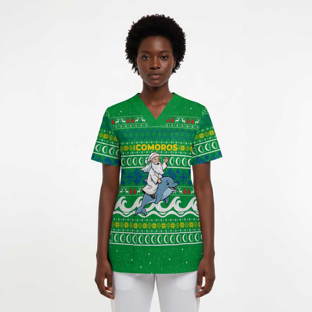 Comoros Christmas Scrub Top Santa Riding Dolphin Ocean Waves Crescent Moon - African Pride