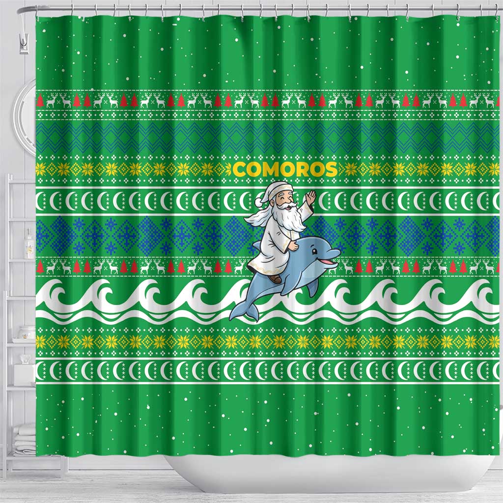 Comoros Christmas Shower Curtain Santa Riding Dolphin Ocean Waves Crescent Moon - African Pride