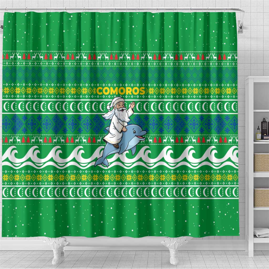 Comoros Christmas Shower Curtain Santa Riding Dolphin Ocean Waves Crescent Moon - African Pride