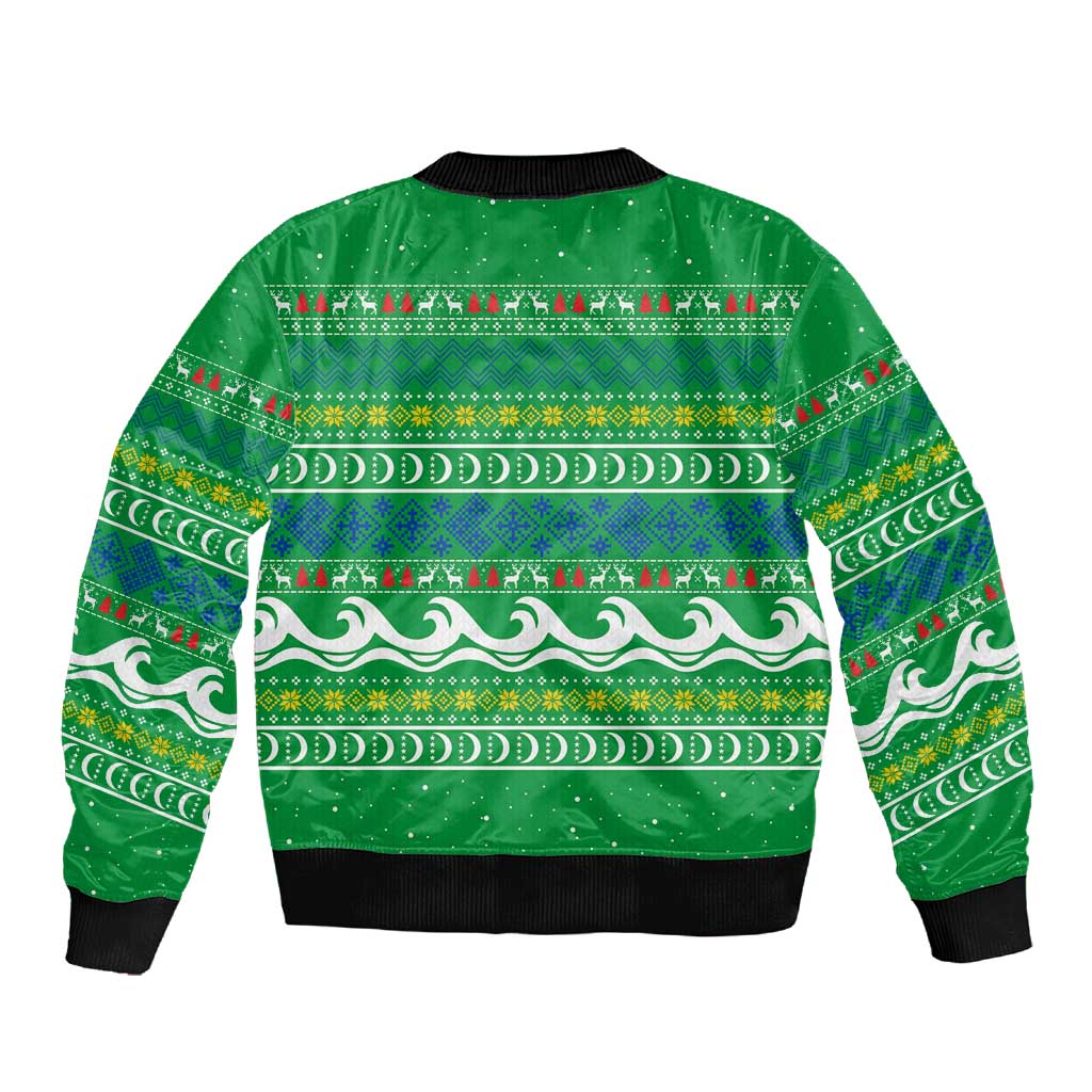 Comoros Christmas Sleeve Zip Bomber Jacket Santa Riding Dolphin Ocean Waves Crescent Moon - African Pride