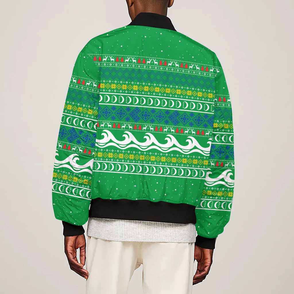 Comoros Christmas Sleeve Zip Bomber Jacket Santa Riding Dolphin Ocean Waves Crescent Moon - African Pride