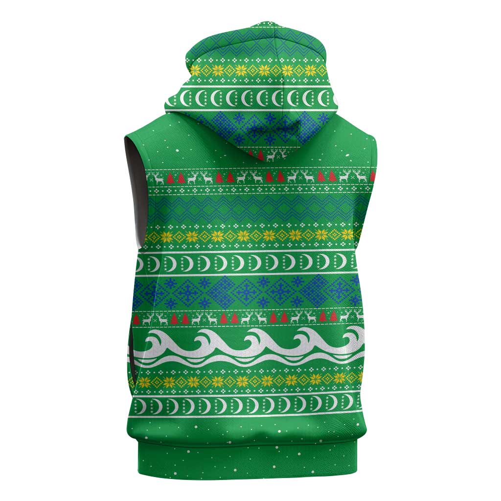 Comoros Christmas Sleeveless Hoodie Santa Riding Dolphin Ocean Waves Crescent Moon - African Pride