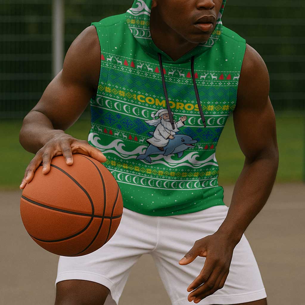 Comoros Christmas Sleeveless Hoodie Santa Riding Dolphin Ocean Waves Crescent Moon - African Pride