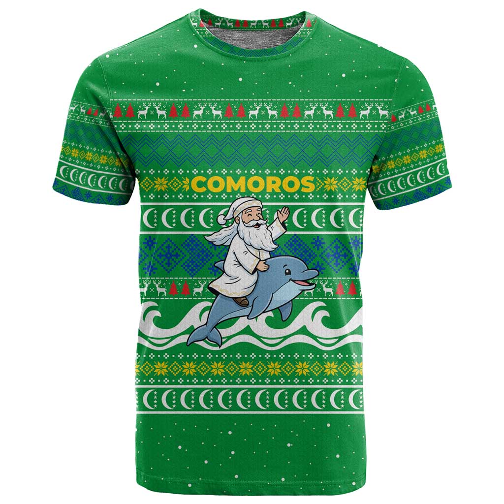 Comoros Christmas T shirt Santa Riding Dolphin Ocean Waves Crescent Moon - African Pride