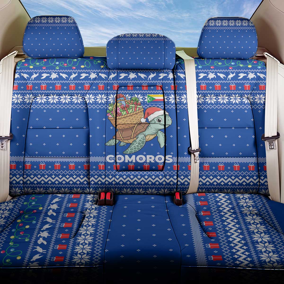 Comoros Christmas Back Car Seat Cover Santa Turtle Gifts Snowflakes and Ocean Blue - African Pride