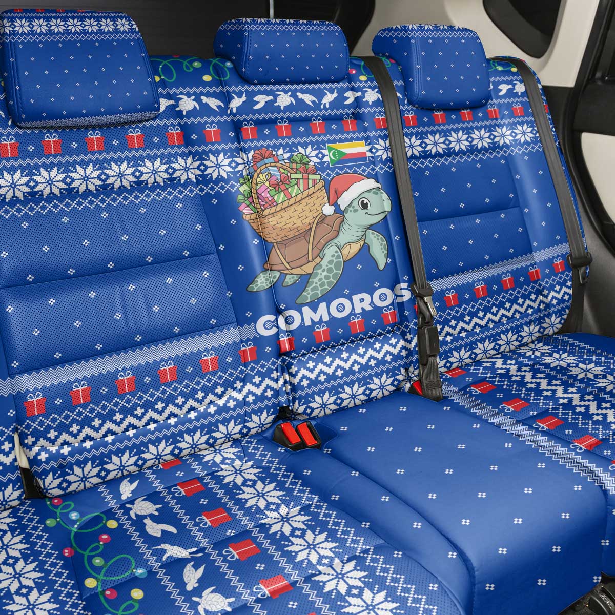 Comoros Christmas Back Car Seat Cover Santa Turtle Gifts Snowflakes and Ocean Blue - African Pride