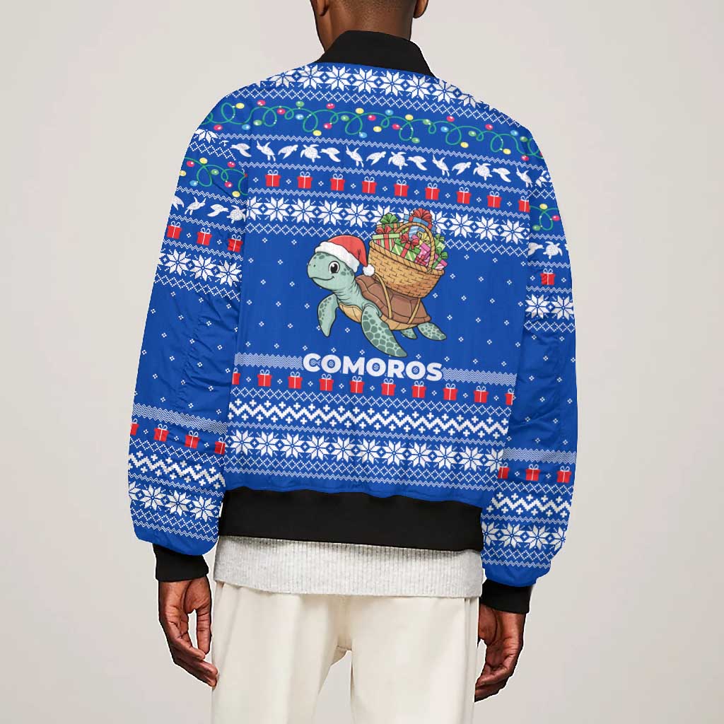 Comoros Christmas Bomber Jacket Santa Turtle Gifts Snowflakes and Ocean Blue - African Pride