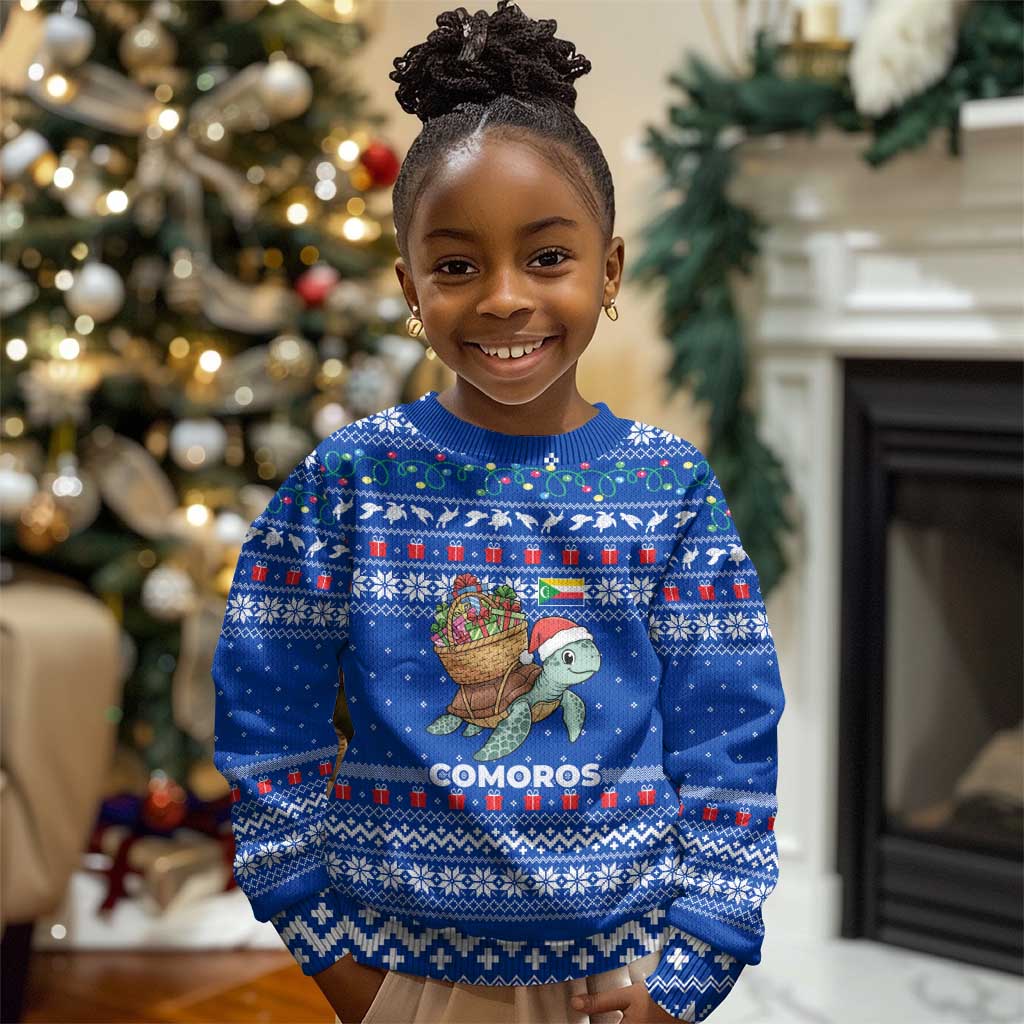 Comoros Christmas Kid Ugly Christmas Sweater Santa Turtle Gifts Snowflakes and Ocean Blue - African Pride