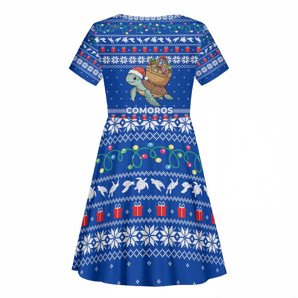Comoros Christmas Kid Short Sleeve Dress Santa Turtle Gifts Snowflakes and Ocean Blue - African Pride