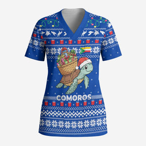 Comoros Christmas Scrub Top Santa Turtle Gifts Snowflakes and Ocean Blue - African Pride