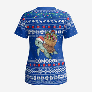 Comoros Christmas Scrub Top Santa Turtle Gifts Snowflakes and Ocean Blue - African Pride