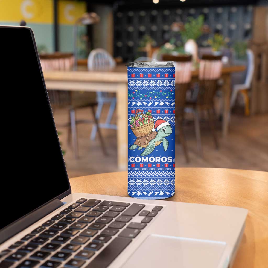 Comoros Christmas Skinny Tumbler Santa Turtle Gifts Snowflakes and Ocean Blue - African Pride