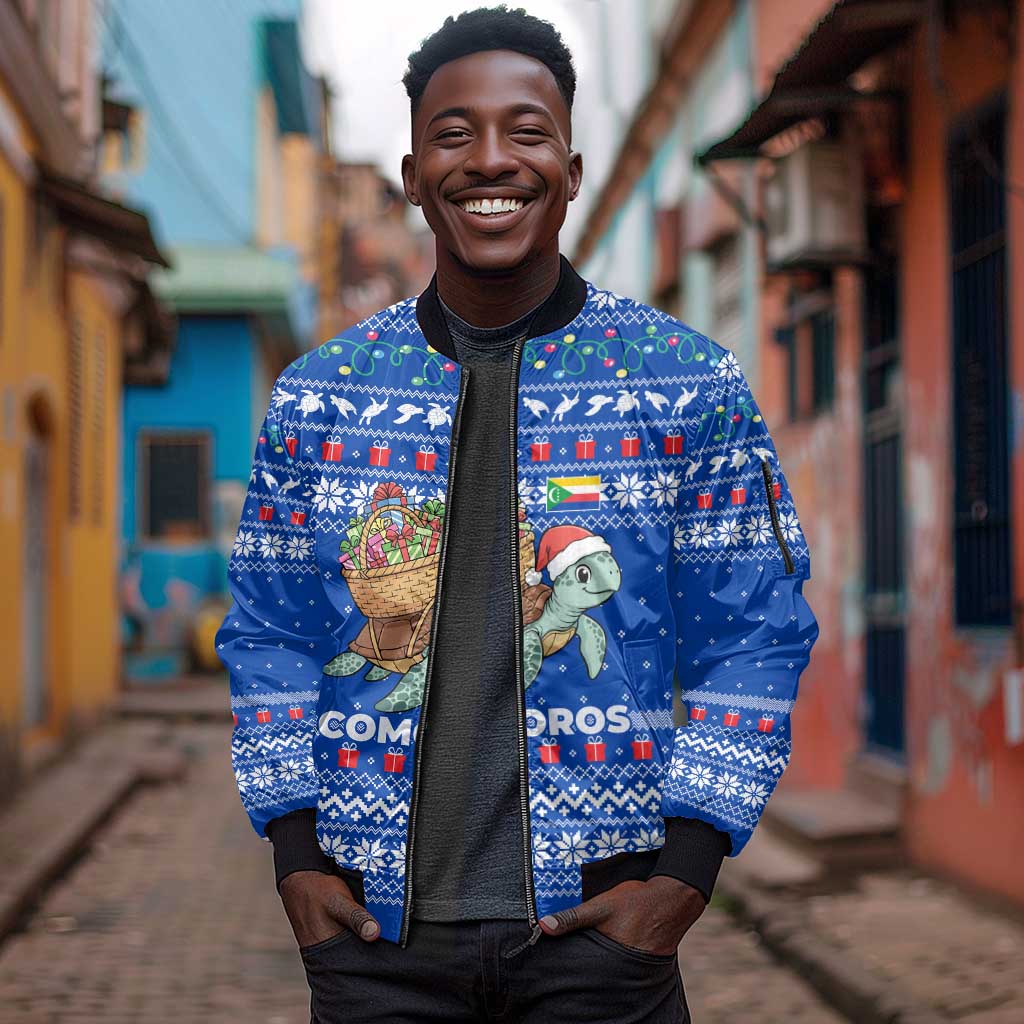 Comoros Christmas Sleeve Zip Bomber Jacket Santa Turtle Gifts Snowflakes and Ocean Blue - African Pride