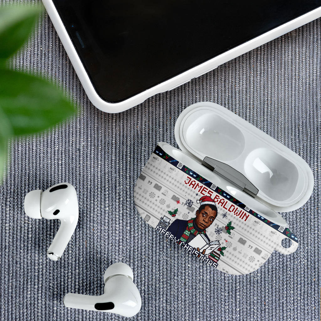 James Baldwin Christmas Santa AirPods Case Ugly Pixel Pattern Black History Holiday