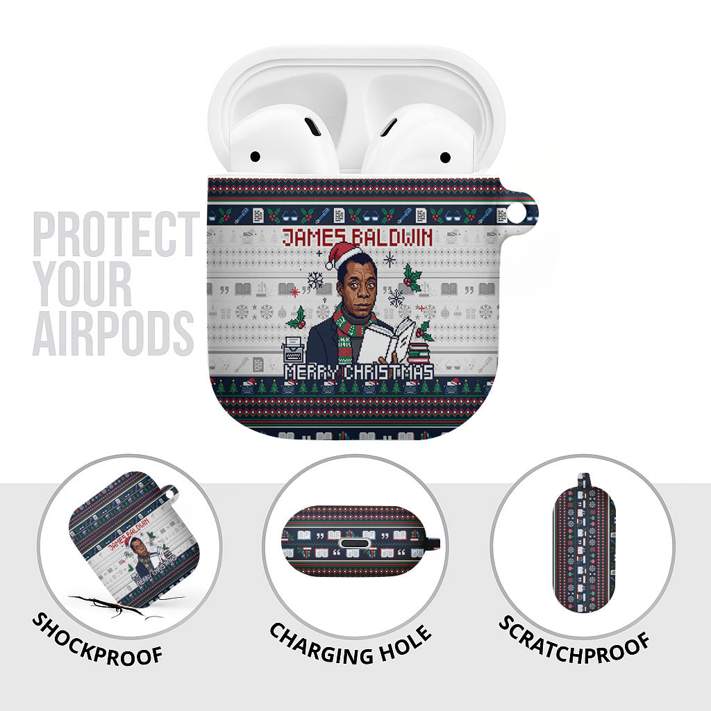 James Baldwin Christmas Santa AirPods Case Ugly Pixel Pattern Black History Holiday
