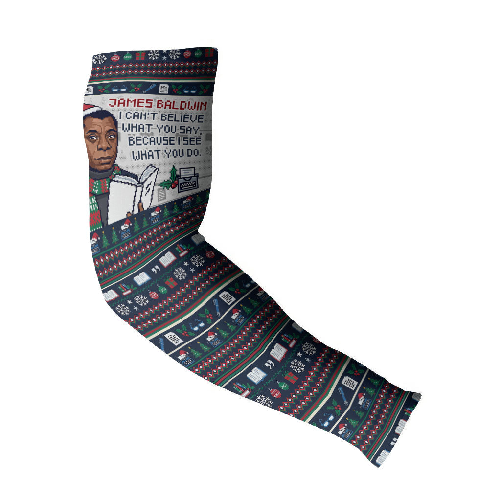 James Baldwin Christmas Santa Arm Sleeves Ugly Pixel Pattern Black ...