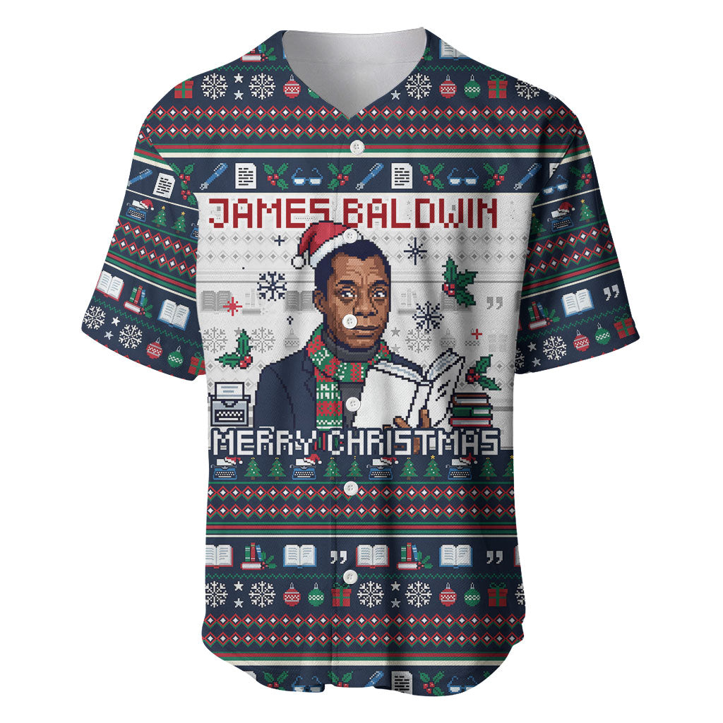 James Baldwin Christmas Santa Baseball Jersey Ugly Pixel Pattern Black ...