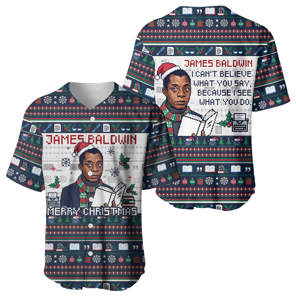 James Baldwin Christmas Santa Baseball Jersey Ugly Pixel Pattern Black History Holiday