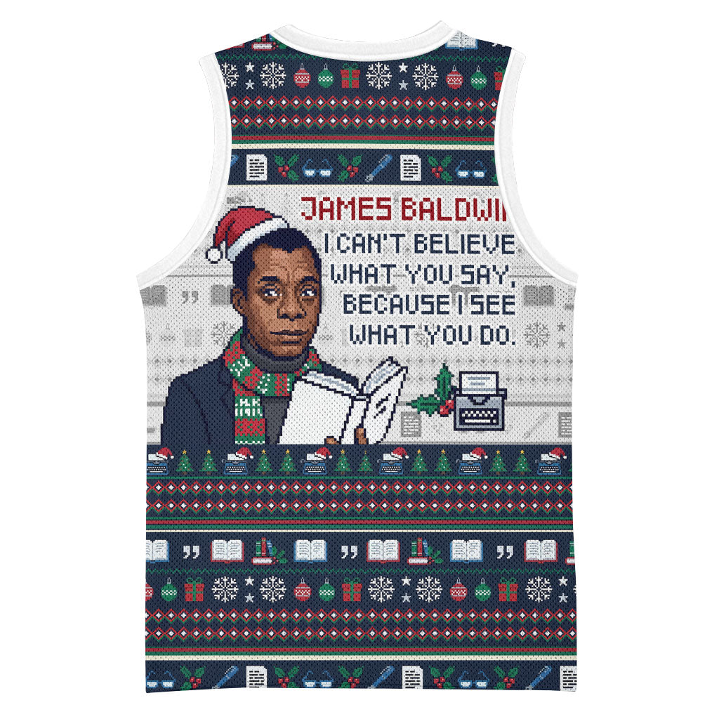 James Baldwin Christmas Santa Basketball Jersey Ugly Pixel Pattern Black History Holiday