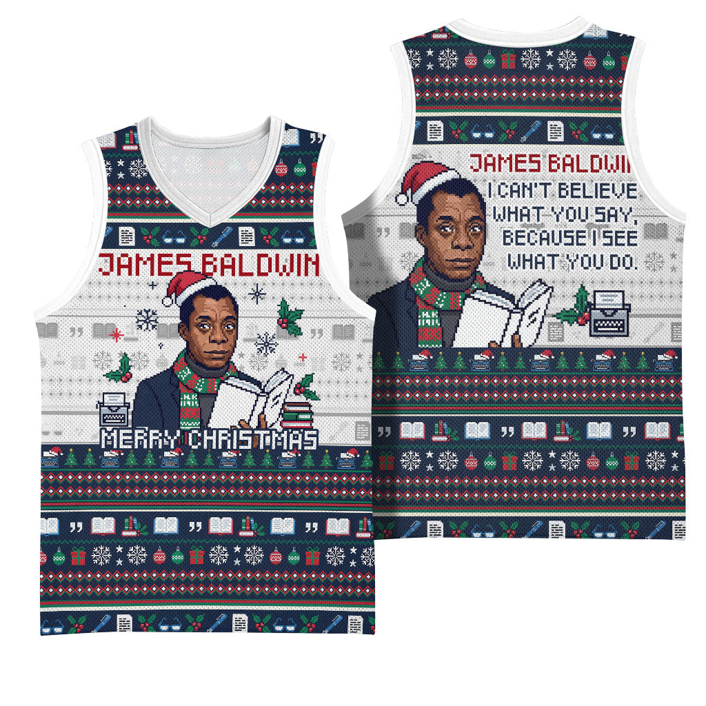 James Baldwin Christmas Santa Basketball Jersey Ugly Pixel Pattern Black History Holiday