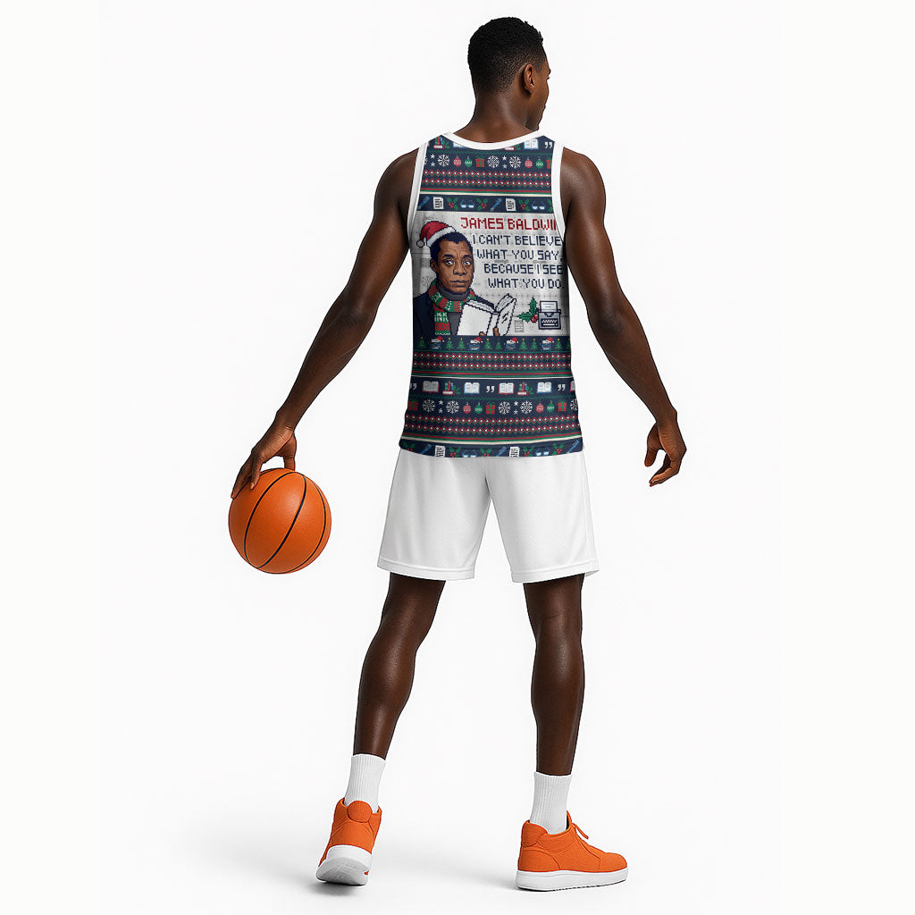 James Baldwin Christmas Santa Basketball Jersey Ugly Pixel Pattern Black History Holiday