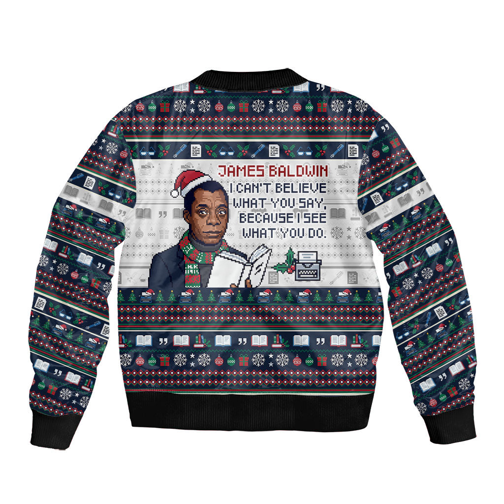 James Baldwin Christmas Santa Bomber Jacket Ugly Pixel Pattern Black History Holiday
