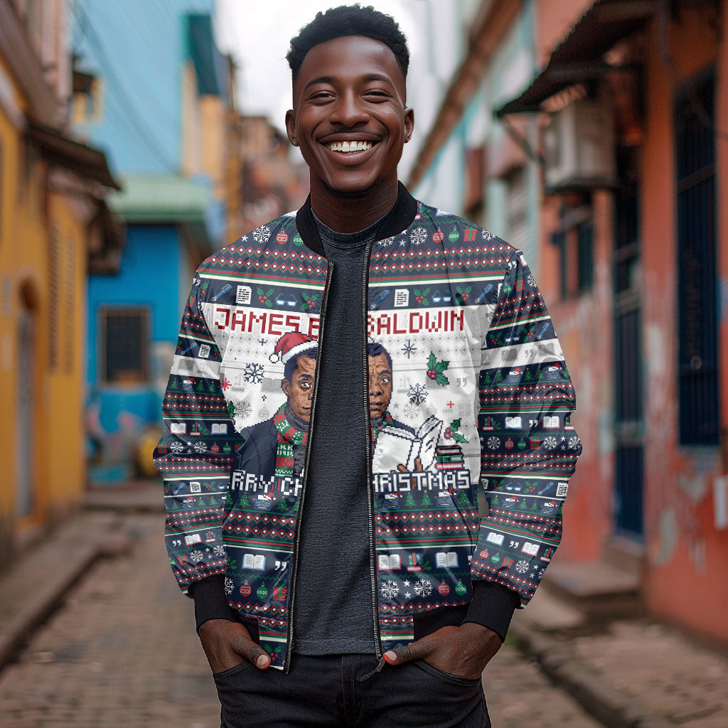 James Baldwin Christmas Santa Bomber Jacket Ugly Pixel Pattern Black History Holiday
