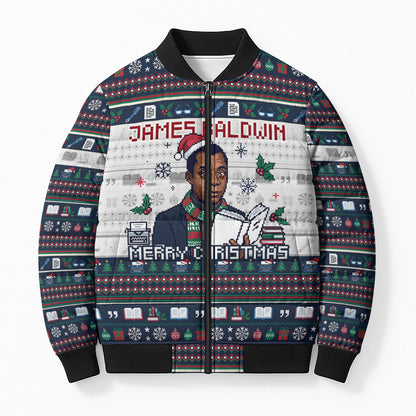 James Baldwin Christmas Santa Bomber Puffer Jacket Ugly Pixel Pattern Black History Holiday