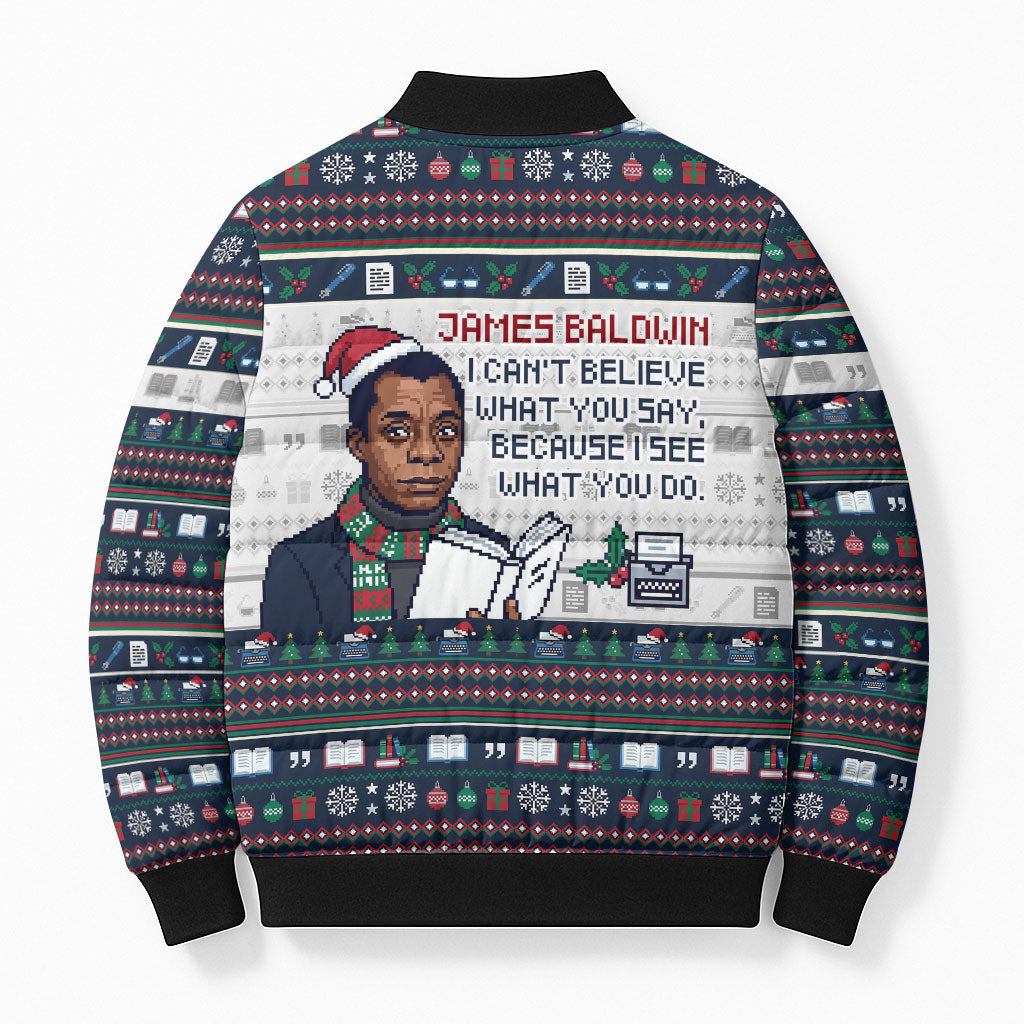 James Baldwin Christmas Santa Bomber Puffer Jacket Ugly Pixel Pattern Black History Holiday