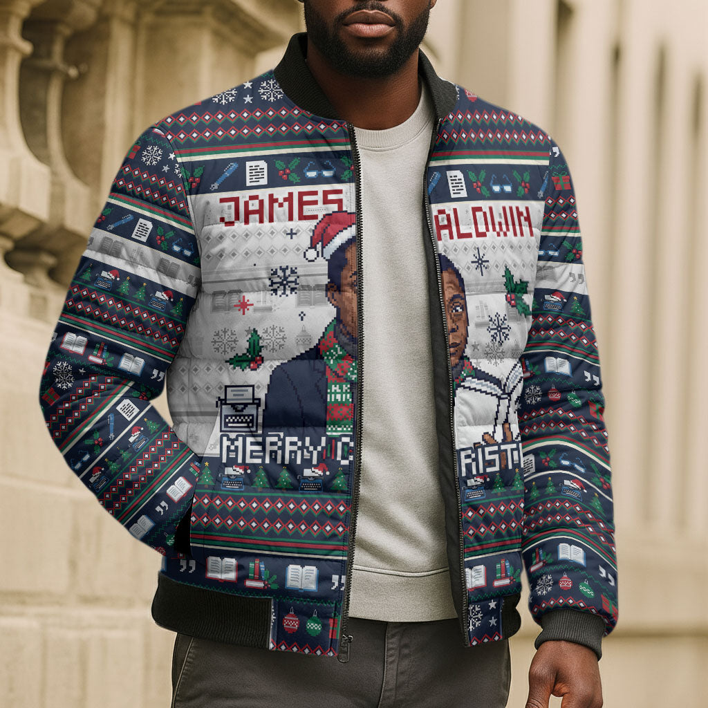 James Baldwin Christmas Santa Bomber Puffer Jacket Ugly Pixel Pattern Black History Holiday