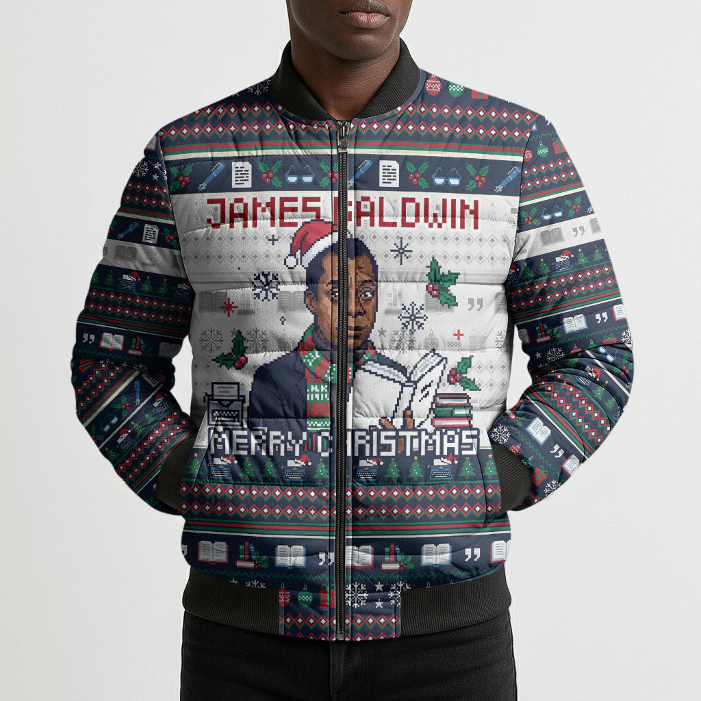 James Baldwin Christmas Santa Bomber Puffer Jacket Ugly Pixel Pattern Black History Holiday