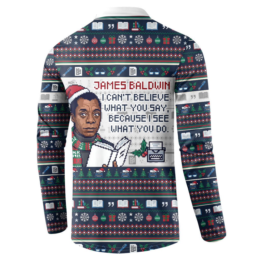 James Baldwin Christmas Santa Button Sweatshirt Ugly Pixel Pattern Black History Holiday
