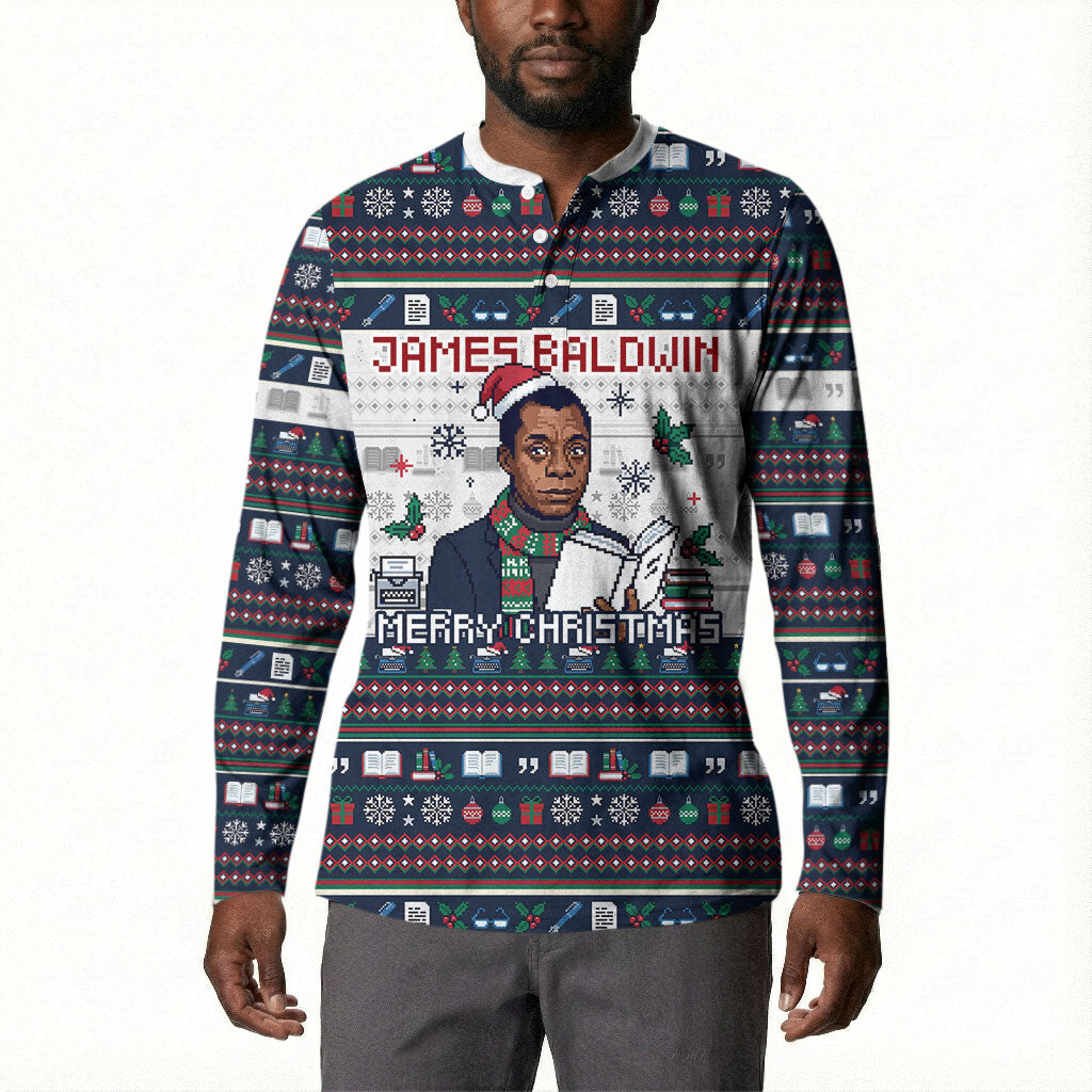 James Baldwin Christmas Santa Button Sweatshirt Ugly Pixel Pattern Black History Holiday